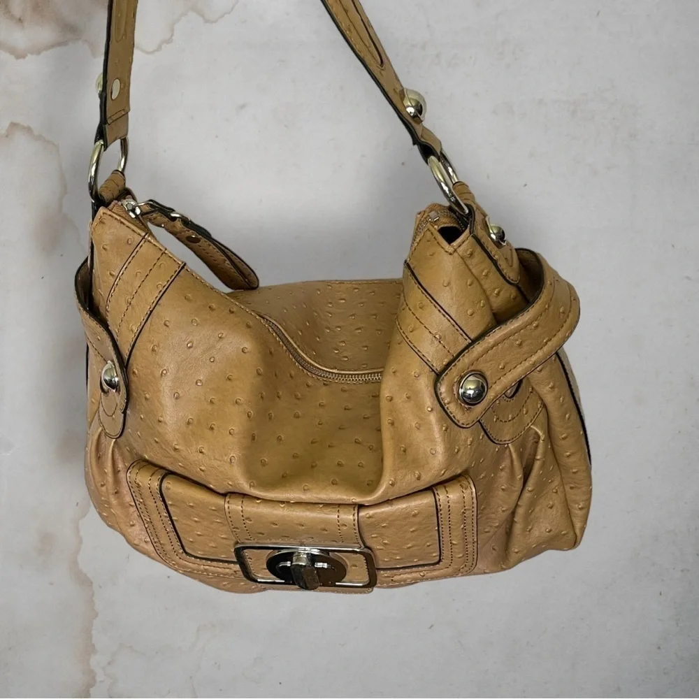 GUESS Enchanted Faux Ostrich Leather Tan and Silver Hobo Bag